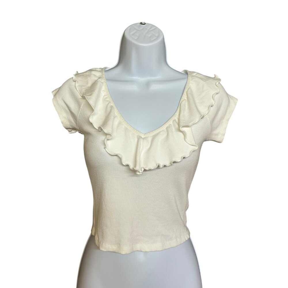 Wilfred Aritzia Danette Ruffle Ribbed Crop White Top Size S